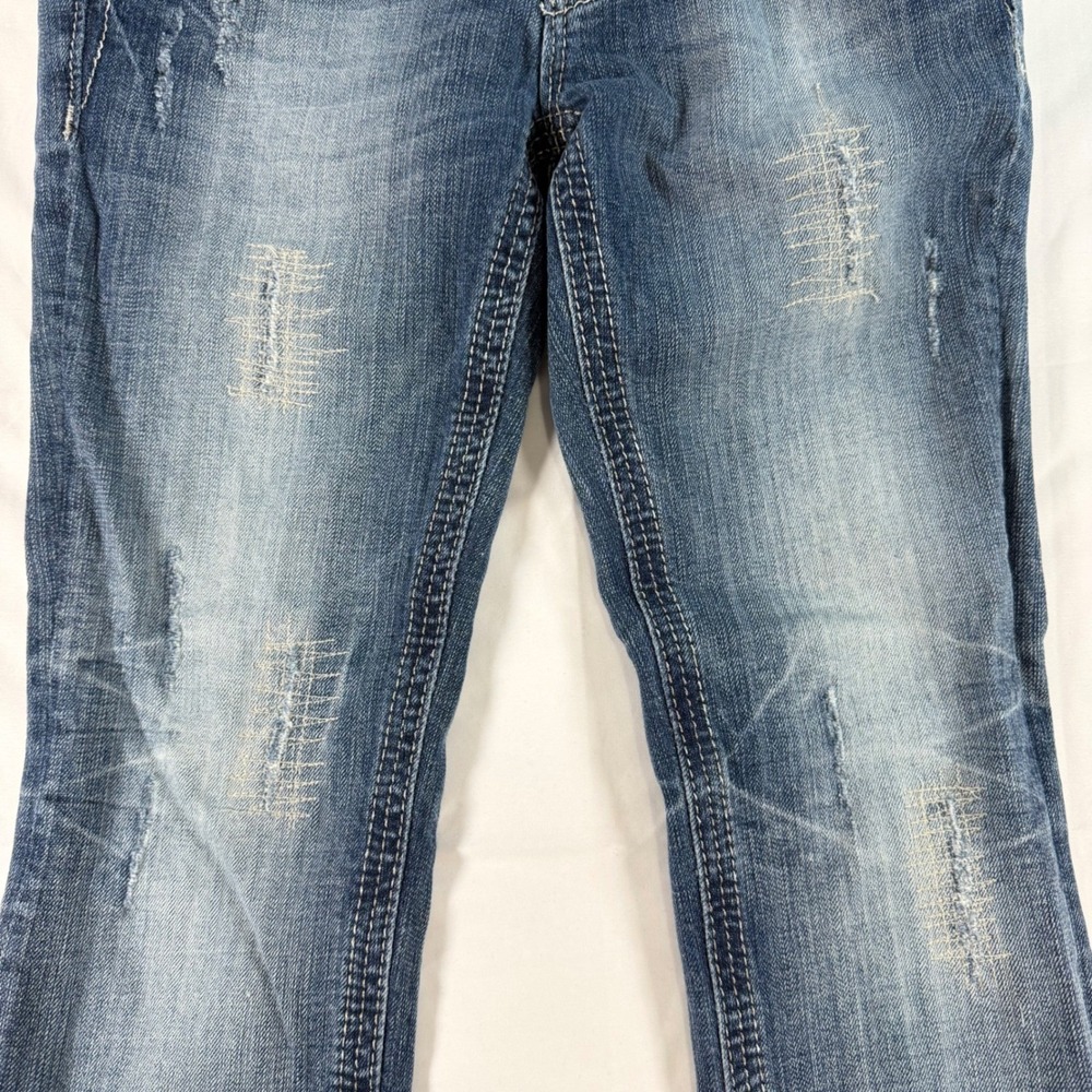 Miss Me Straight Leg Jeans 27X29 Rhinestone Distressed Fleur De Lis Buckle - Picture 3 of 12